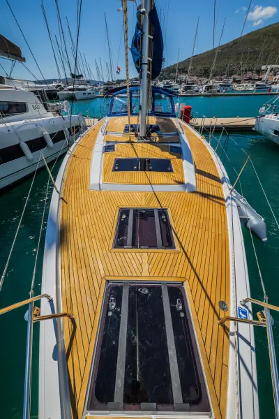 Whistler's teak foredeck with the Dalmatian archipelago beyond